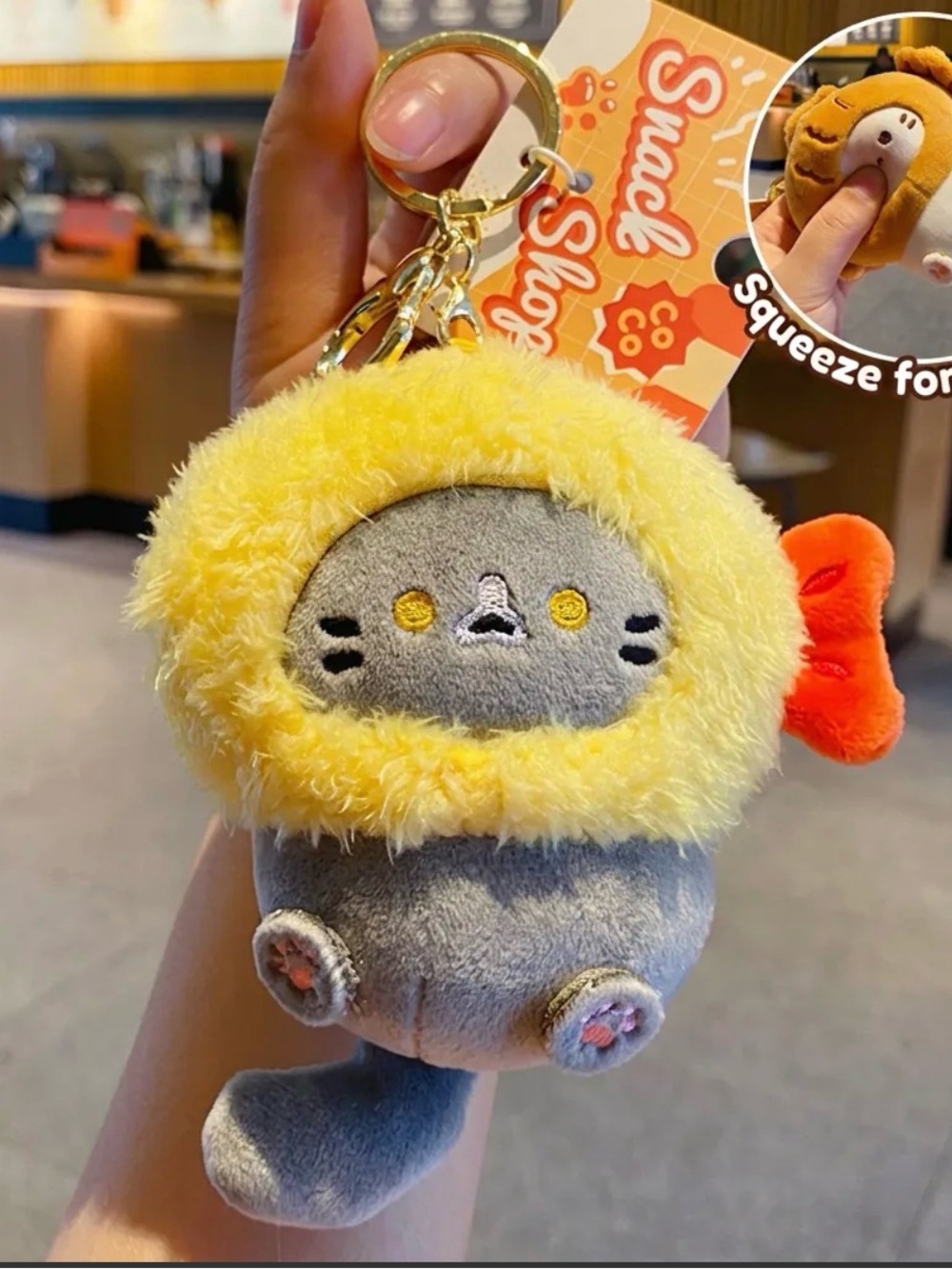 Official Coco cat fried shrimp snack store Plush Keychain bag charm squeaky